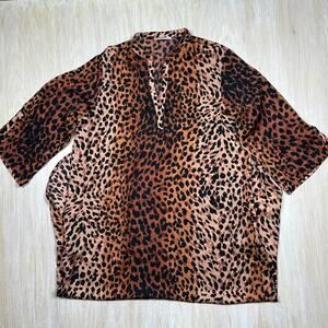 Natori Cheetah Animal Print Mandarin Sleepshirt Loungewear Caftan Dress XL